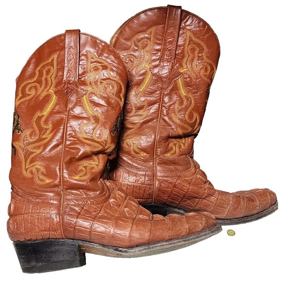 JOHNNY BOOTS Orange Brown Leather Gator Western Embroidered Boots US M7.5 W 9 - Picture 1 of 9